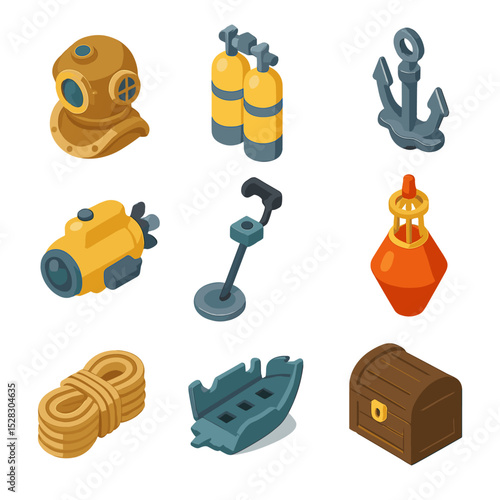 Underwater Salvage Icons. Isometric Flat icon set of underwater salvage gear: diving helmet, air tank, anchor, submersible,