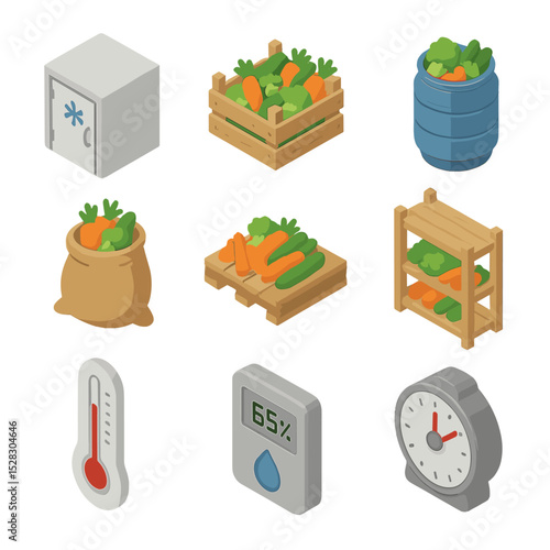Vegetable Storage Icons. Isometric Flat icon set of vegetable storage solutions: cold room, wooden crate, plastic barrel, burlap