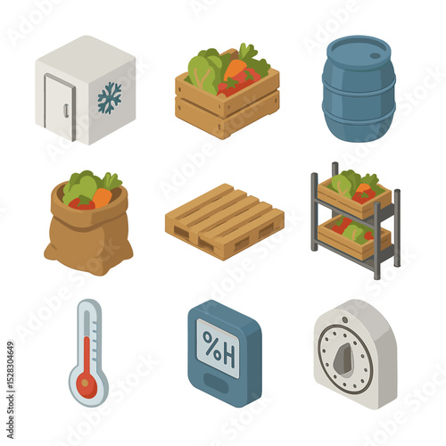 Vegetable Storage Icons. Isometric Flat icon set of vegetable storage solutions: cold room, wooden crate, plastic barrel, burlap