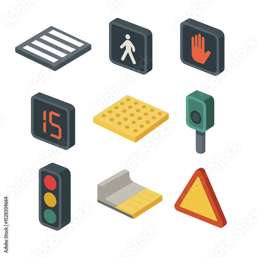 Urban Traffic Icons. Isometric Flat icon set of Pedestrian crossing and signals: zebra stripes, walk signal, don’t walk hand,