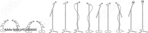 Microphones on counters and microphones and stands separately for design icon set. Vector silhouette clip arts. Retro and modern music sign, mic tool. Close-up microphone stand in small collection.