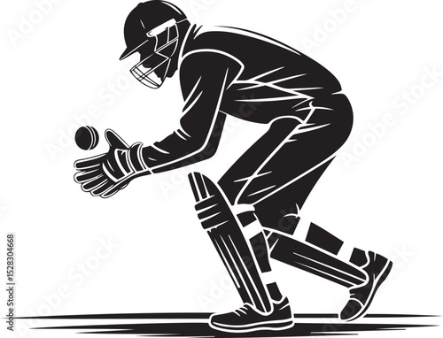 Cricket player catching a ball in silhouette illustration