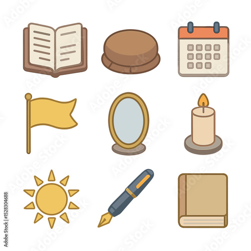 Virtue Cultivation Icons. Isometric Flat icon set of Virtue cultivation practices: journal, meditation cushion, calendar, flag,