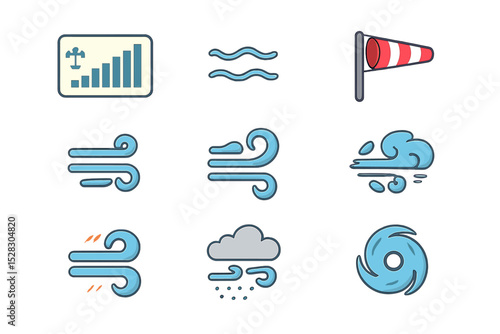 Wind Speed Icons. Isometric Flat icon set of wind speed scales: Beaufort scale chart, calm icon, light breeze symbol, moderate