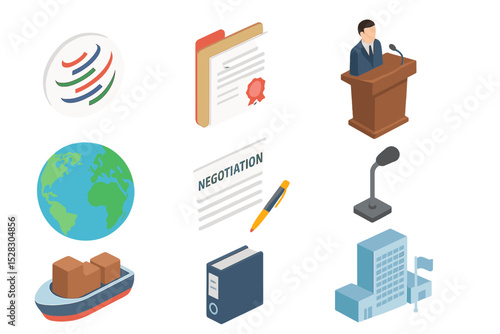 WTO Icon Set. Isometric Flat icon set of WTO Accession and Agreements: WTO logo, accession file, delegate podium, global map,
