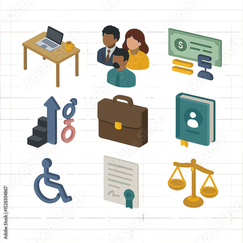 Workplace Equality Icons. Isometric Flat icon set of Workplace equality policies: office desk, diverse employee avatars, equal pay