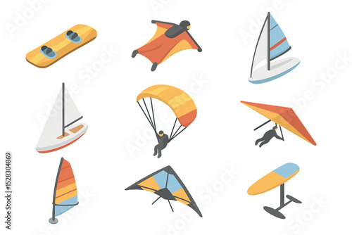 Wind Sports Equipment Icons. Isometric Flat icon set of wind sports equipment: kiteboard, wingsuit, windsurf board, sailboat,