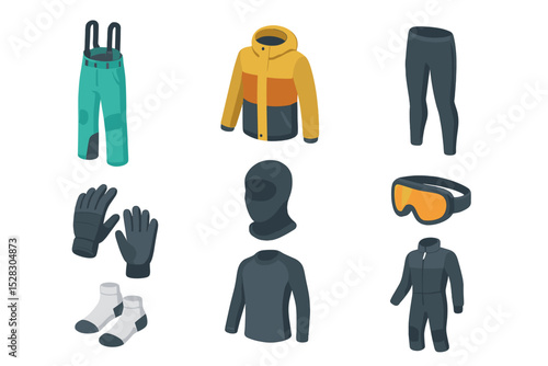 Winter Sports Gear Icons. Isometric Flat icon set of winter sports apparel: ski pants, snowboard jacket, thermal leggings,