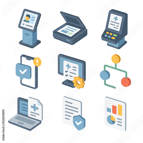 Workflow Automation Icons. Isometric Flat icon set of administrative workflow automation: patient intake kiosk, document scanner,