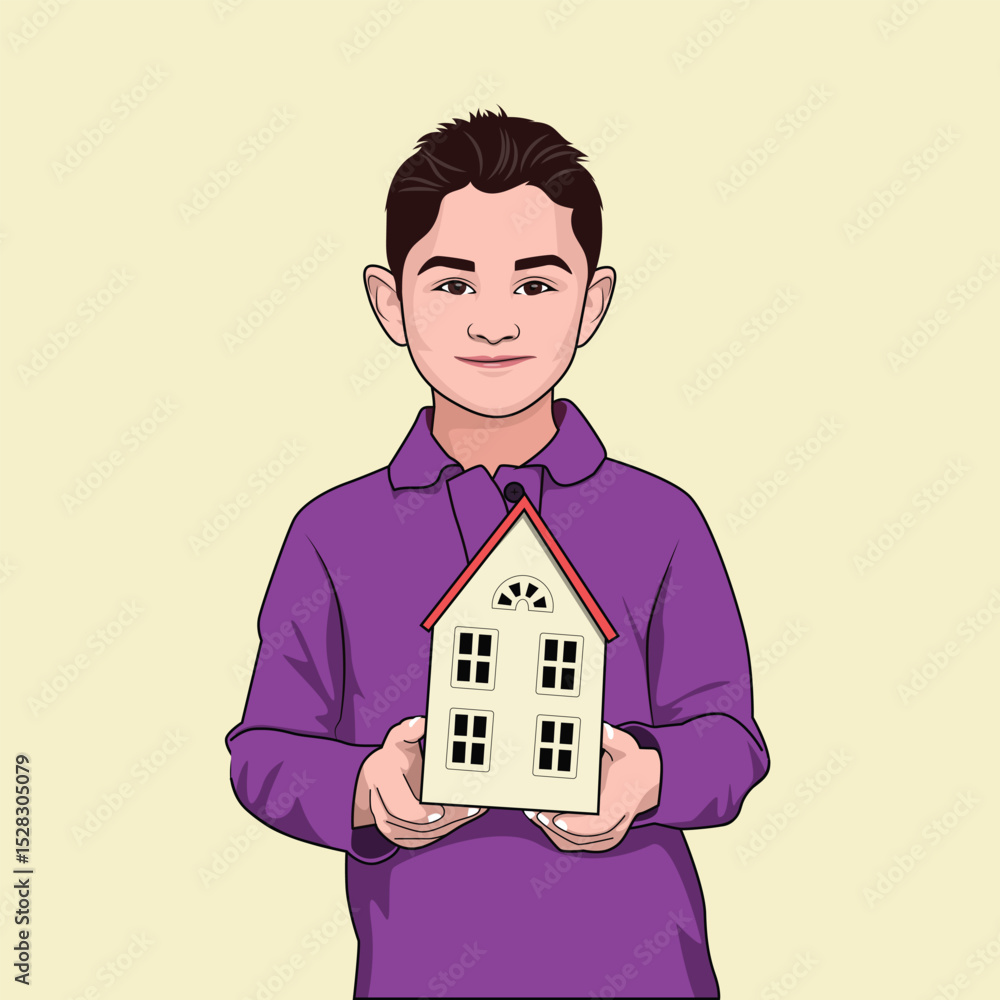 Cute young boy holding a house on hand flat cartoon vector illustration Cute young boy holding a house on hand flat cartoon vector illustration