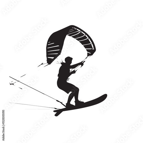 Silhouette of kitesurfer riding a wave