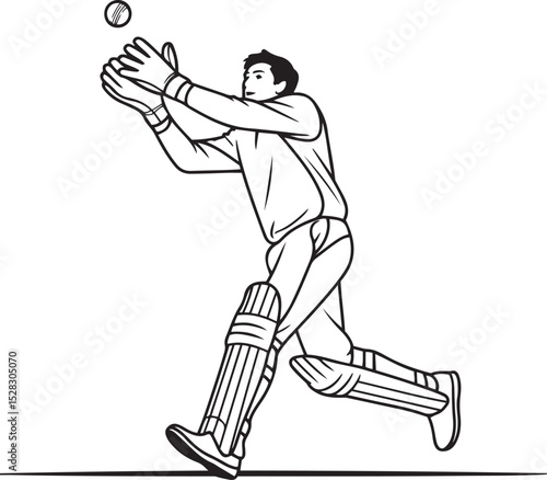 Cricket wicketkeeper catching ball line art coloring page illustration 