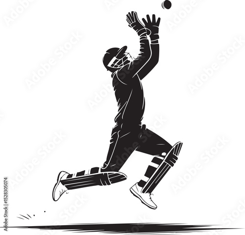 Cricket wicketkeeper jumping catch black and white silhouette illustration