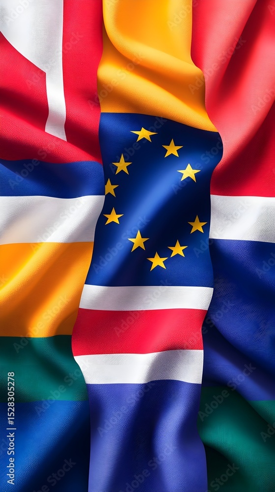 Fototapeta premium A close-up shot depicts portions of three national flags?one featuring horizontal bands of red, yellow, blue, and green; another with a field of blue and a circle of gold stars; and