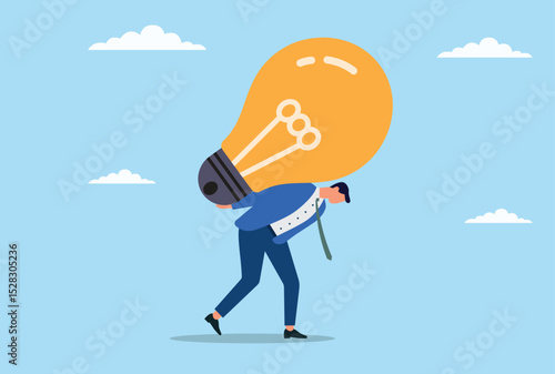 Vector illustration of a businessman struggling to carry a huge light bulb on his back, representing the burden of big ideas, creative pressure, and the challenges of innovation
