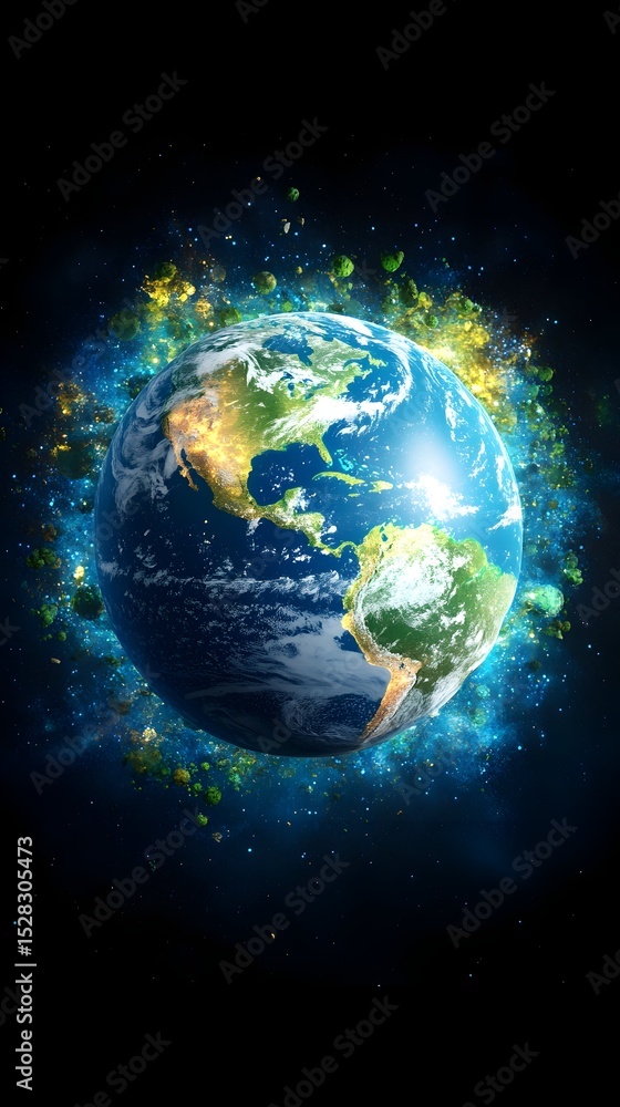 Obraz premium A vibrant Earth encircled by a luminous, swirling nebula of green and gold energy particles against a black space backdrop, showcasing North and Central America prominently