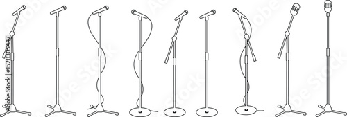 Microphones on counters and microphones and stands separately for design icon set. Vector silhouette clip arts. Retro and modern music sign, mic tool. Close-up microphone stand in small collection.