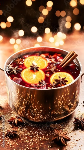 A steaming pot of mulled wine, garnished with orange slices, cinnamon sticks, and star anise, sits on a dark brown surface with scattered spices.  A warm, blurry bokeh background suggests a festive