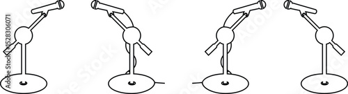 Microphones on counters and microphones and stands separately for design icon set. Vector silhouette clip arts. Retro and modern music sign, mic tool. Close-up microphone stand in small collection.