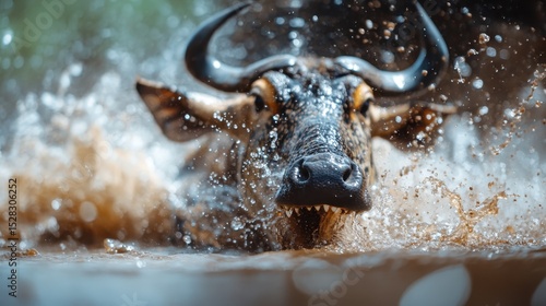 The dynamic image of a wild bull splashing through muddy water captures the raw power and ferocity of nature, showcasing an exhilarating moment of wildlife in action.
