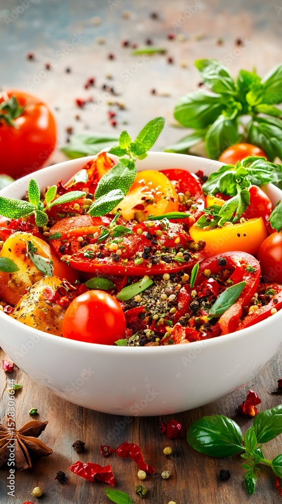 A vibrant bowl of sliced tomatoes, seasoned with a medley of colorful peppercorns and fresh basil, sits on a rustic wooden surface, surrounded by additional herbs and spices A vibrant bowl of sliced tomatoes, seasoned with a medley of colorful peppercorns and fresh basil, sits on a rustic wooden surface, surrounded by additional herbs and spices