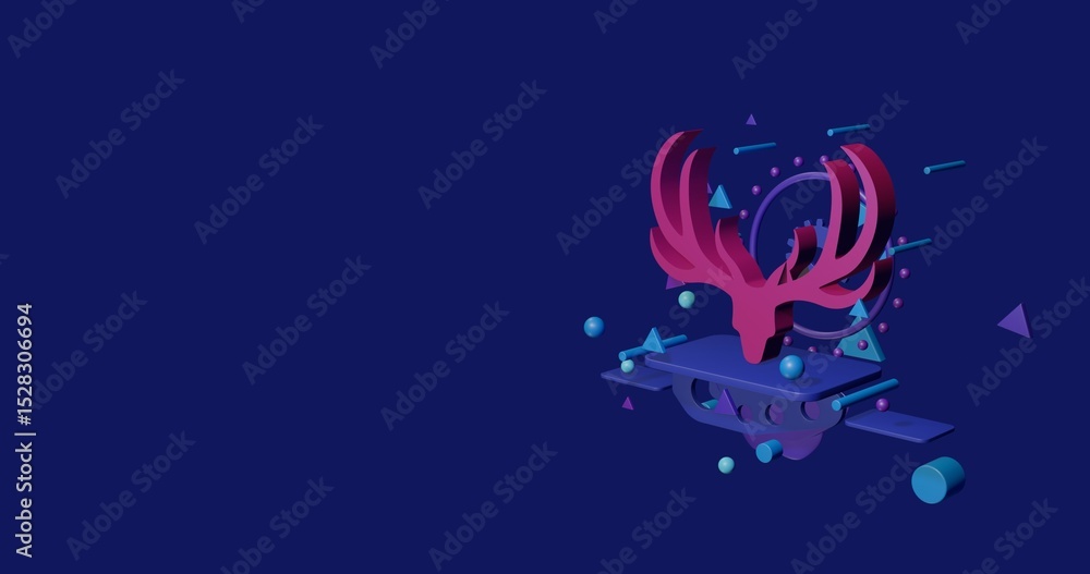 Obraz premium Pink deer horns symbol on a pedestal of abstract geometric shapes floating in the air. Abstract concept art with flying shapes on the right. 3d illustration on indigo background