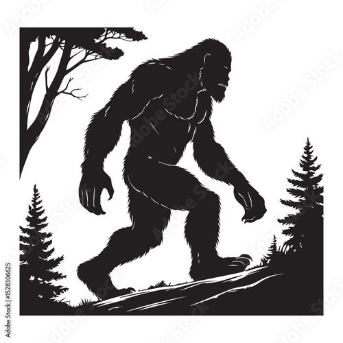 Bigfoot silhouette walking in forest landscape