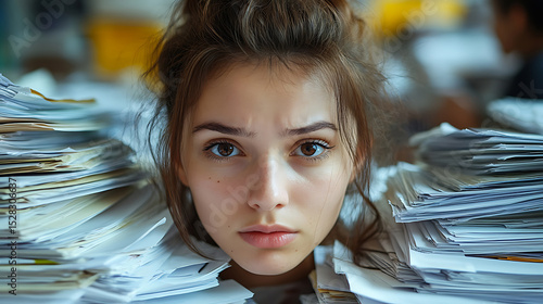 Overwhelmed Young Woman Buried Under a Pile of Paperwork