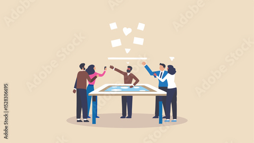Team collaboration around an interactive table with floating icons and diverse participants shown
