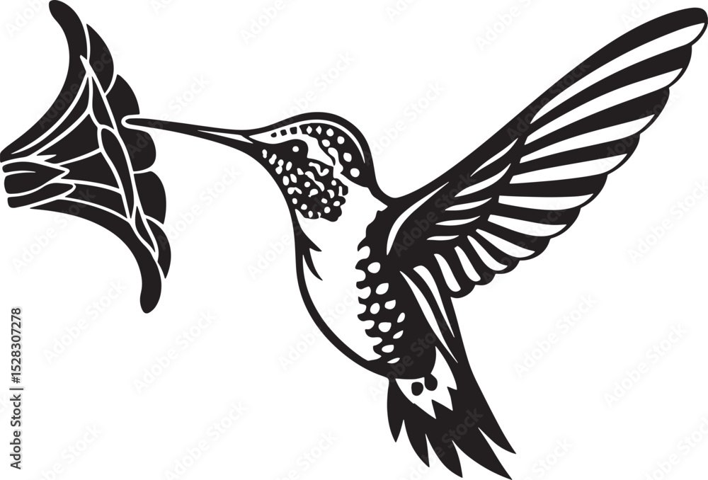 Obraz premium Black and White Hummingbird Floral Design Tattoo Style