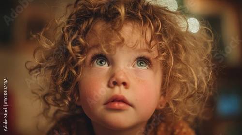 Wallpaper Mural A young child with curly hair looks intently upwards, showcasing wide, expressive eyes. The warm ambiance of the room enhances the moment, capturing the child's wonder and curiosity. Torontodigital.ca