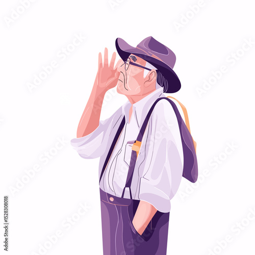 Observant Gentleman: A stylish elderly gentleman in suspenders and a hat, thoughtfully observes his surroundings, hand near his eyes, suggesting keen observation or contemplation.