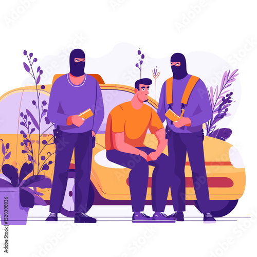 Arrest Scene Illustration: Two masked figures detain a man near a yellow car, creating a dramatic and intriguing scene.