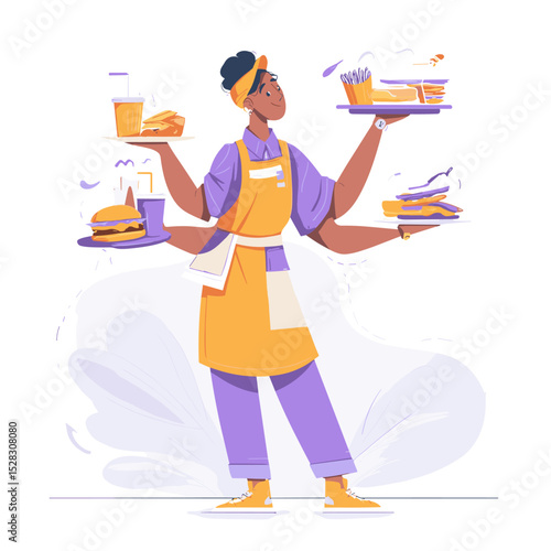 Serving with Swiftness: An illustration of a waitress, effortlessly balancing an array of fast food on multiple trays, embodying speed and efficiency in the service industry.