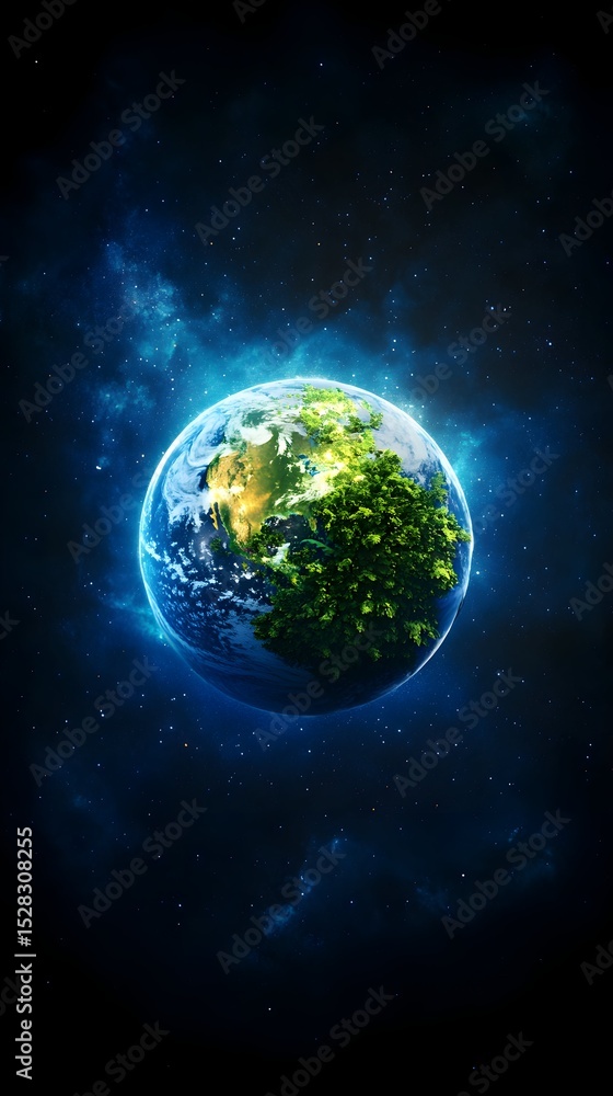 Obraz premium A digitally enhanced image of Earth, partially covered in lush green foliage, set against a dark cosmic backdrop with glowing nebulae. The planet appears vibrant and alive
