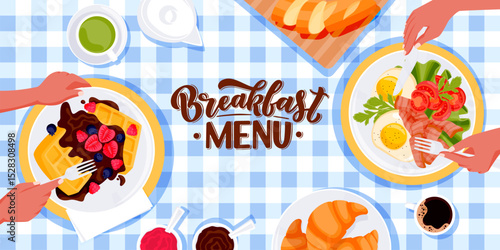 Breakfast menu background. Top view vector illustration of people having brunch. Morning food design elements