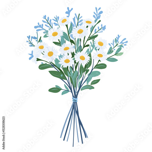 A Aster Stem Bouquet 2D flat vector illustration, isolated on a white background.