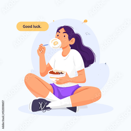 "Girl in a State of Contemplation: The image presents a female figure seated, lost in thought. holding a food bowl and a lollipop, the setting suggesting a casual moment, perhaps at leisure.