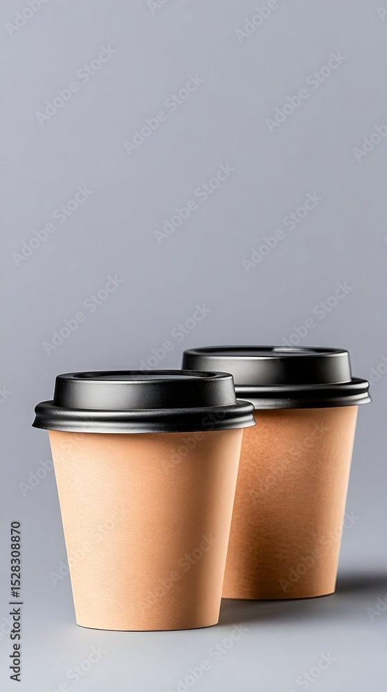 Two light-brown disposable paper cups with black lids sit slightly offset against a neutral gray backdrop, exhibiting subtle textural detail and a slight shadow Two light-brown disposable paper cups with black lids sit slightly offset against a neutral gray backdrop, exhibiting subtle textural detail and a slight shadow