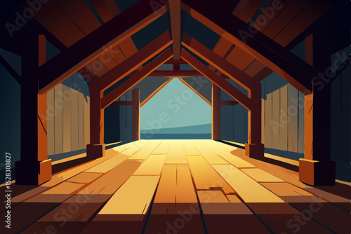Rustic barn interior, wooden beams, vaulted ceiling, rural architecture, countryside scenery