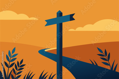 Vector illustration of a road signpost on a winding road
