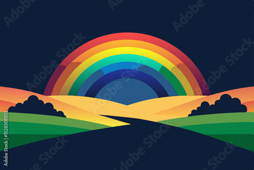 Vector illustration of rainbow sunset over road
