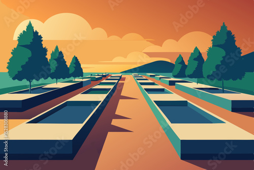 Vector illustration of solar panels in a landscape with trees at sunset
