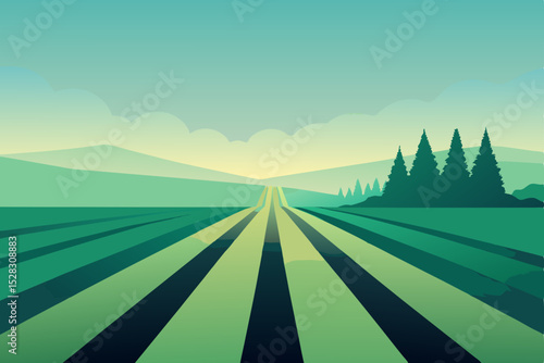 Vector illustration of a green landscape with rows of crops at sunrise