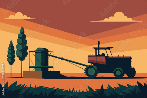 Vector illustration of tractor with grain harvester in field