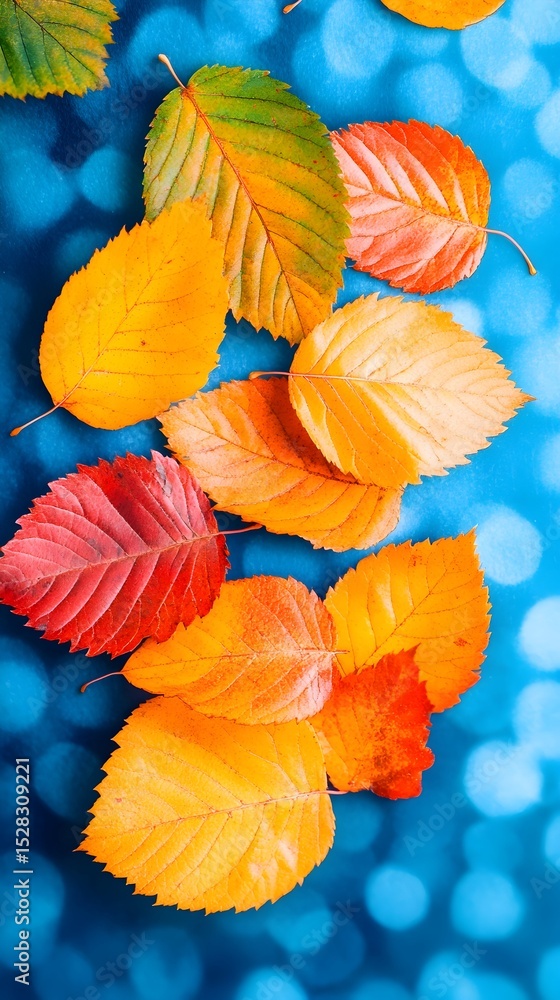 Fototapeta premium Vibrant autumn leaves in orange, red, and yellow hues scattered on a blurred teal background, creating a visually appealing fall scene