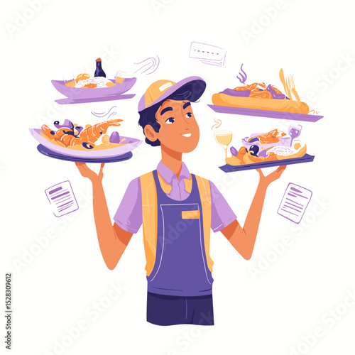 Server With Culinary Symphony: A skilled server balances multiple plates laden with culinary delights, showcasing an array of appetizing food compositions.