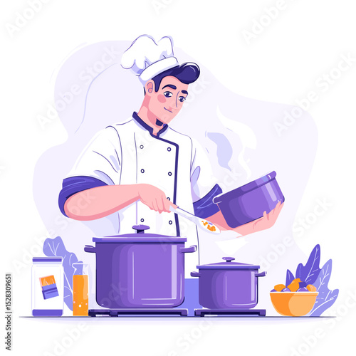 Culinary Maestro: A skilled chef, dressed in a classic uniform, is engrossed in the art of cooking, wielding a ladle with precision and care, cooking in the kitchen.