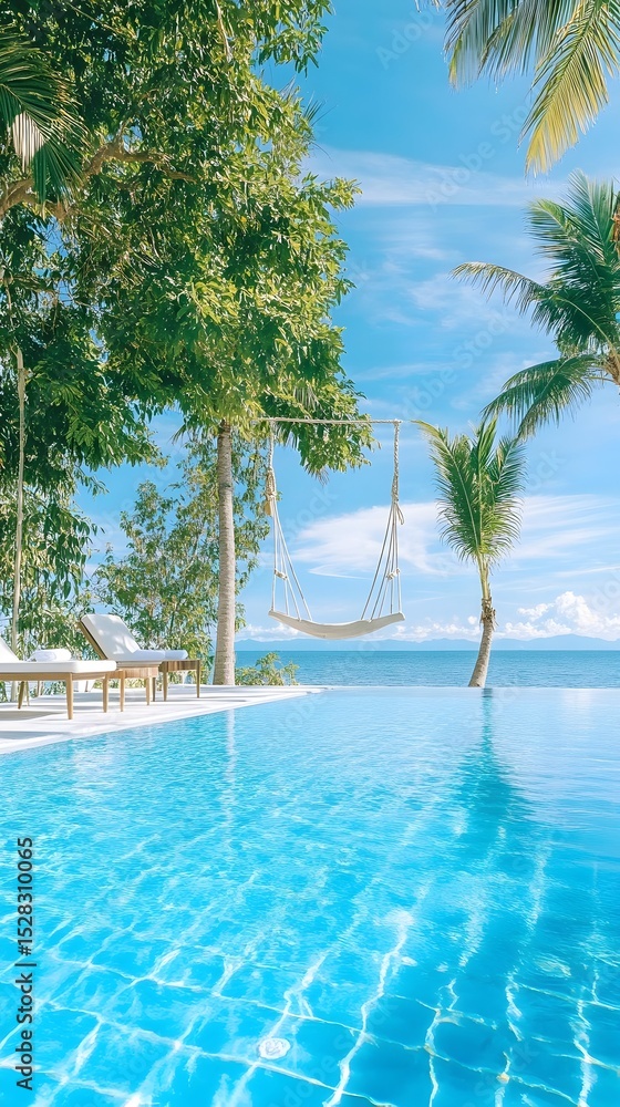 Tranquil poolside scene with hammock, palm trees, and ocean view; bright, sunny day; luxurious resort feel Tranquil poolside scene with hammock, palm trees, and ocean view; bright, sunny day; luxurious resort feel