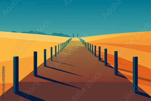 Vector illustration of desert landscape with fence